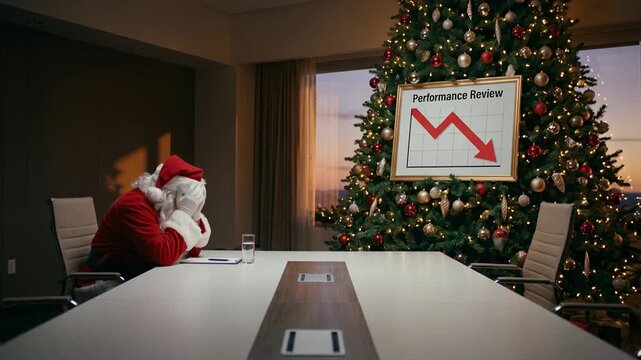 Santa Claus stressed about declining performance review during Christmas season