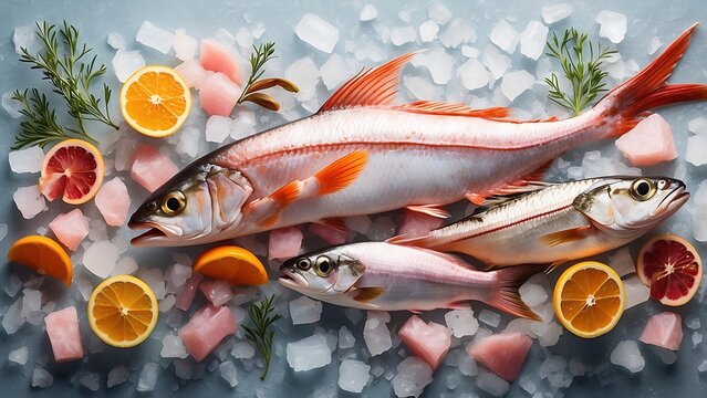 Premium fresh fish assortment with red snapper and tuna cuts arranged artistically on ice with fresh herbs and sliced citrus fruits for culinary design