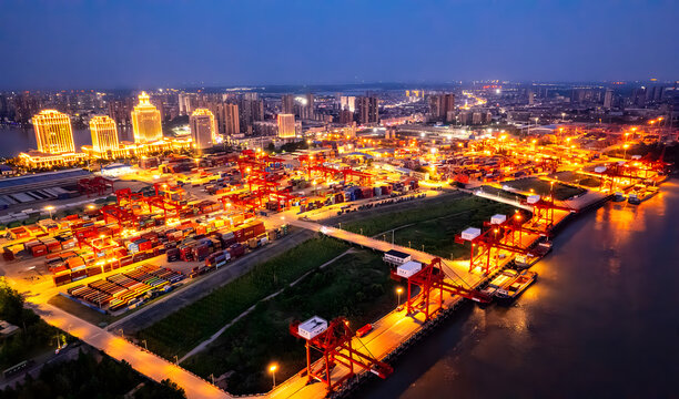 Yangluo Port Night Aerial View - Busy Freight Container Operations