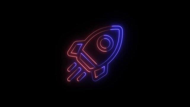 Neon rocket icon glowing with blue and red light animated on black background for startup business technology concepts.