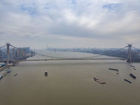 Yangsigang Bridge with Wuhan Skyline and Yangtze River View