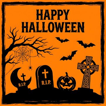 Festive halloween scene with bats tombstones pumpkin and spooky tree silhouettes background