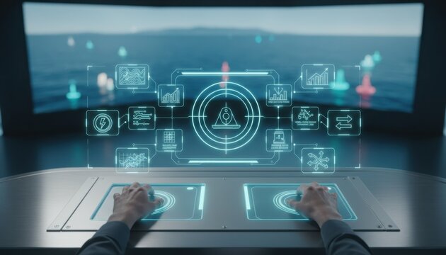 High-angle close-up of hands interacting with a futuristic holographic aquatic port logistics console managing robotic mooring systems with glowing blue data interfaces