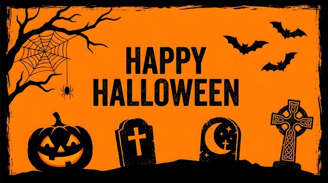 Festive happy halloween greeting with pumpkins bats and a spooky graveyard scene background