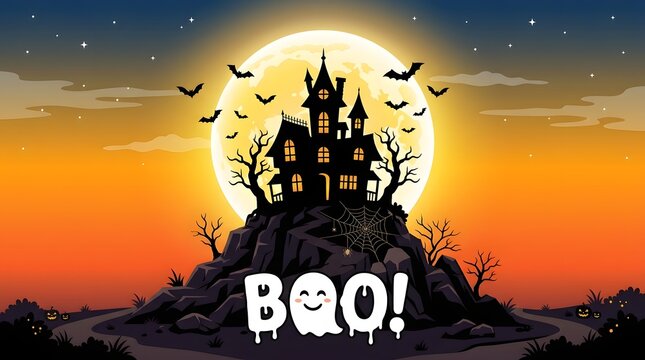 Spooky haunted house silhouetted against a full moon on halloween night background, banner