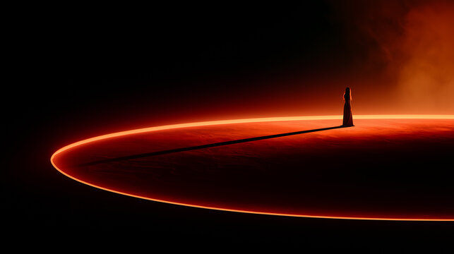 Lone woman standing on a glowing circular horizon with a long shadow stretching into darkness, surrounded by crimson and amber light, minimalist cinematic concept of isolation and destiny