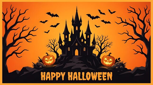 Spooky halloween castle with bats and jack o lanterns at dusk background, banner