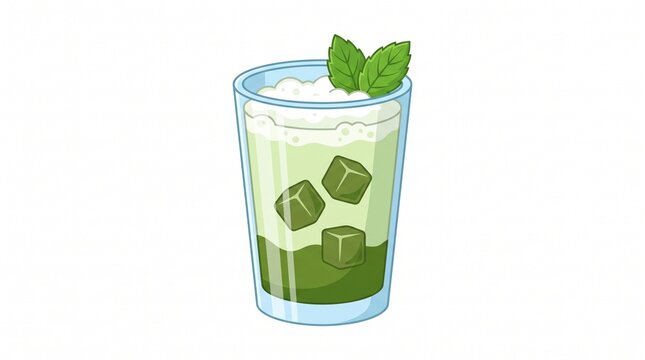 Iced matcha green tea with mint leaves and ice cubes flat vector illustration