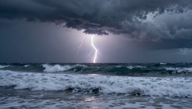 Lightning Strike Over Stormy Sea at Night with Rough Waves