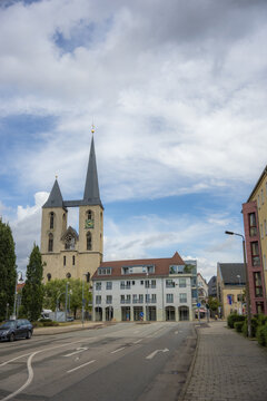 Historic St Martini church and street view in Halberstadt Germany