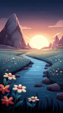 serene landscape with river and mountains at sunset