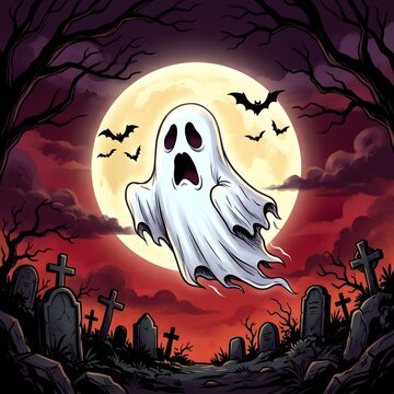Spooky ghost floating through a cemetery under a full moon at night background, banner