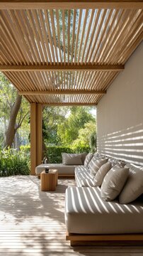 Modern outdoor lounge area with wooden slatted pergola roof
