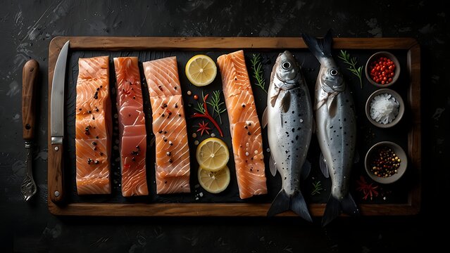 Fresh salmon fillets seasoned with spices, herbs, and lemon slices alongside whole fish and bowls of seasoning on a dark wooden board