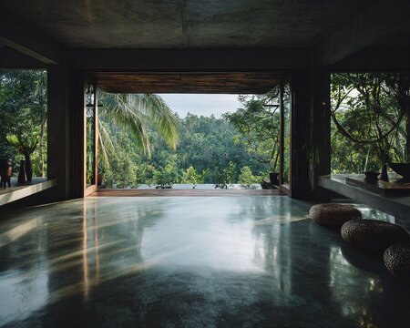 Modern minimalist villa interior overlooking lush tropical jungle