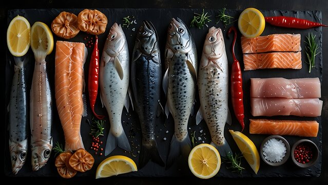 Premium fresh seafood assortment including whole fish, salmon fillets, lemon slices, and spices arranged on a dark slate board