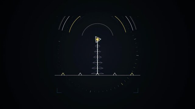 Abstract animated waves radiating out from a broadcast tower drawn as cool blue-white lines and shapes on a deep dark background. Seamless looping 4K motion graphics video with free space for text, id
