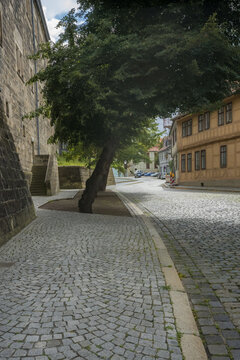 Charming cobblestone street with historic architecture and trees in Halberstadt Germany