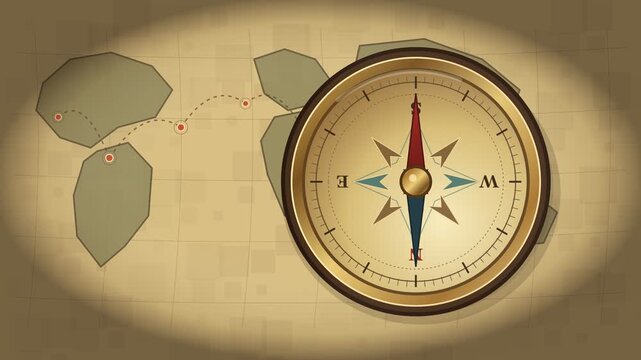 Animated vintage brass compass spinning on old treasure map background