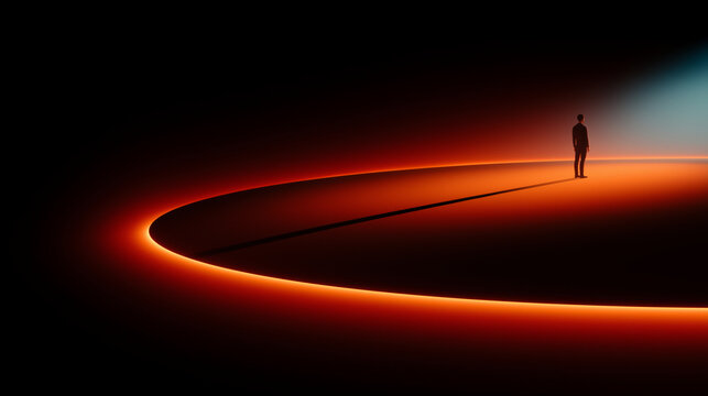 Solitary man at the edge of a glowing elliptical ring beneath a dark sky, warm orange illumination meeting cool blue haze, cinematic surreal landscape symbolizing distance, direction and the unknown