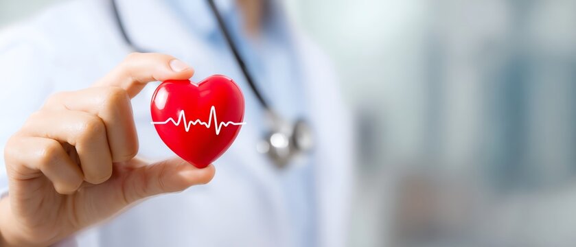 Doctor holding heart symbol with heartbeat line.