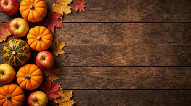 Autumn background with pumpkins apples and maple leaves on rustic wooden board