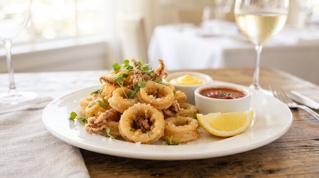 Crispy fried calamari rings served on a white plate with lemon wedge and dipping sauces squid rings dipping sauce wine glass bar food pub grub seafood dish calamari appetizer restaurant