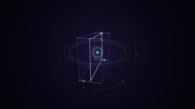 Abstract animated holographic frame rotating in perspective drawn as cool blue-white lines and shapes on a deep dark background. Seamless looping 4K motion graphics video with free space for text, ide