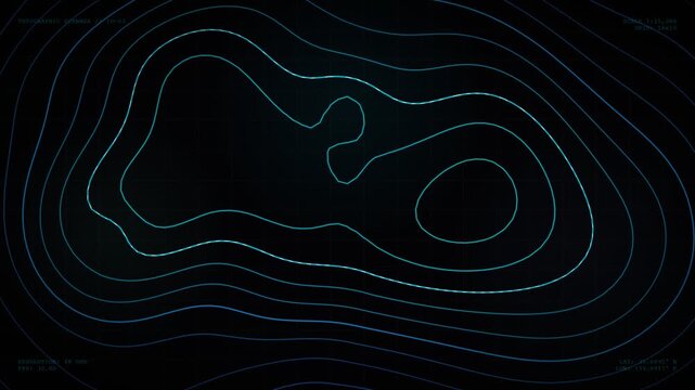 Animated blue topographic map contour lines on dark HUD interface