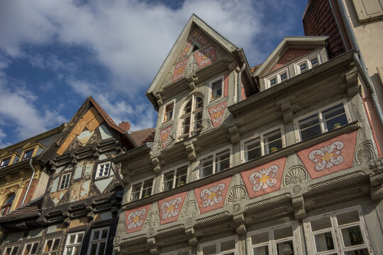 Ornate half timbered house facade with renaissance decorations in Halberstadt
