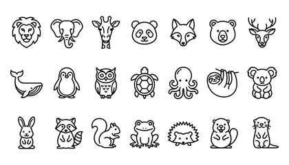 Naklejka premium Comprehensive Wild Animal and Zoo Creature Line Art Icon Collection for Graphic Design Projects