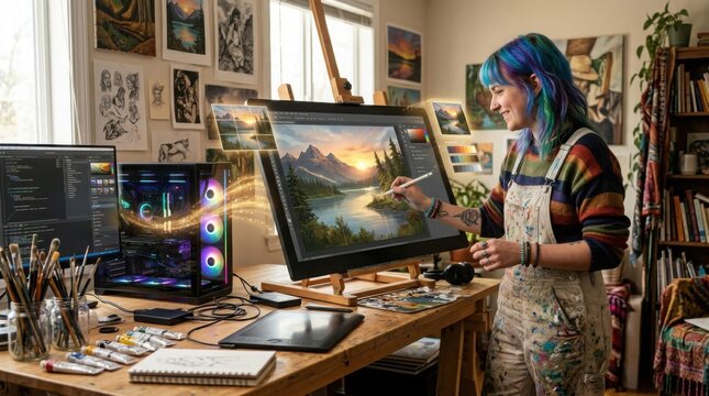 Artist collaborates with AI to create digital painting in creative studio blending traditional and modern tools.