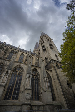 Low angle view of historic Halberstadt Cathedral gothic architecture