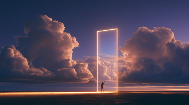 Glowing doorway rising between soft clouds in a violet evening sky, with a tiny silhouetted person at its base, ethereal cinematic landscape representing escape, imagination, possibility and wonder