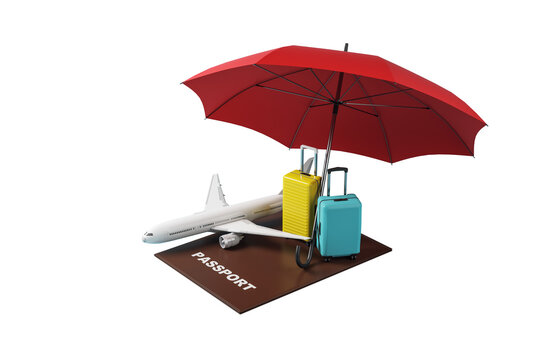 Umbrella, luggage, airplane and passport in clean graphic style on white background, isolated travel protection concept. 3D Rendering
