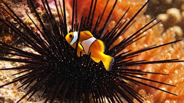 Curious juvenile clark's anemonefish cautiously exploring the dangerous spines of a black long spined sea urchin, a fascinating example of marine life interaction on a coral reef