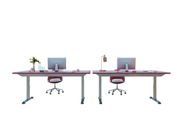 Two office desks with monitors and chairs, realistic style, isolated on white background, workplace...