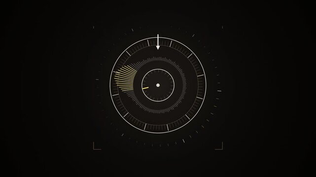 Abstract animated tuning dial sweeping across frequencies drawn as yellow and gold lines and shapes on a deep dark background. Seamless looping 4K motion graphics video with free space for text, ideal