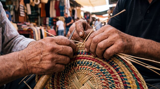 Florida artisan weaving seagrass basket hands craft market handmade tradition captures two makers building a colorful woven basket at an outdoor market for destination guides and advertising