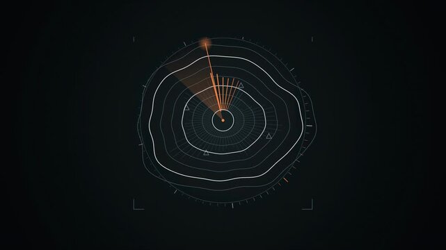 Abstract animated elevation profile scanning across terrain drawn as amber and orange lines and shapes on a deep dark background. Seamless looping 4K motion graphics video with free space for text, id