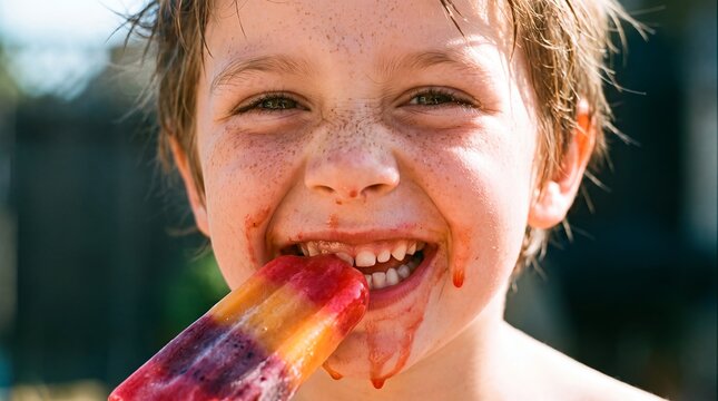 Florida child ice pop summer treat smiling colorful refreshing dessert features a delighted freckled boy enjoying a melting tropical ice pop for tourism marketing and regional brand campaigns