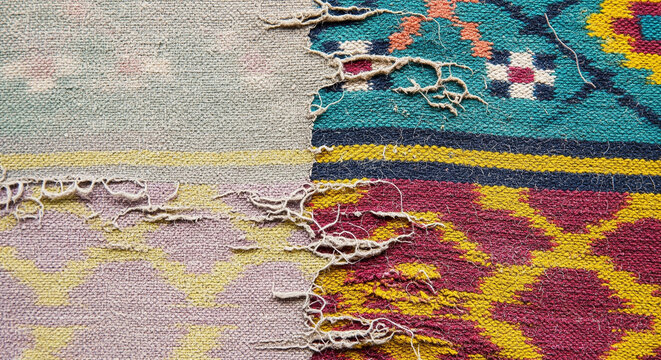 Closeup of a colorful textured woven fabric with frayed edges.