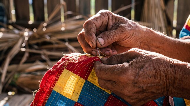 Florida textile weaving hands colorful fabric artisan craft traditional pattern focuses on experienced hands stitching a bright geometric textile for commercial content about local culture