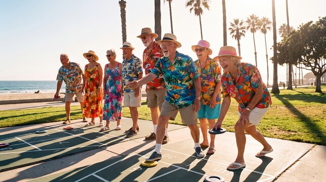 Florida seniors playing shuffleboard beach retirement active lifestyle community recreation shows older friends enjoying a sunny game beside palms and ocean views for regional brand campaigns