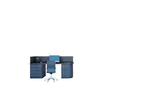Blue office desk with monitor and ergonomic chair, 3D Rendering style, isolated on white background, corporate work concept