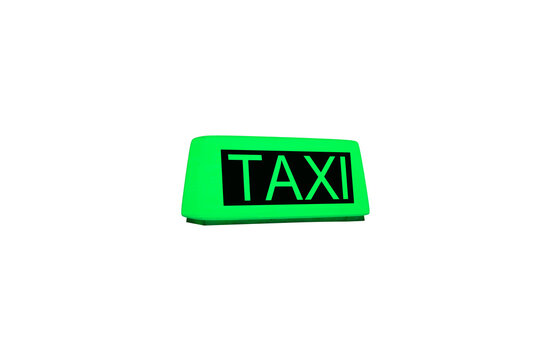 Bright green taxi sign, clean graphic style on a white background, symbolizing urban transport. 3D Rendering