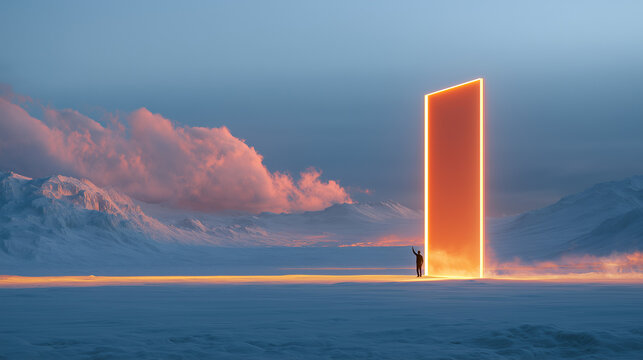 Lone figure beside a radiant orange monolith in frozen mountains, pink clouds glowing above snow-covered peaks, surreal winter landscape blending futuristic architecture with natural grandeur