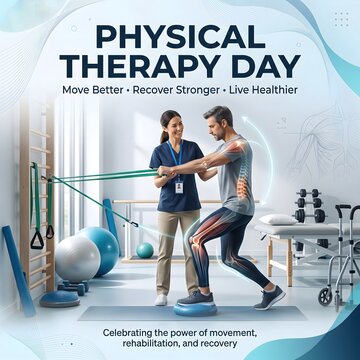 Physical therapy day poster featuring a patient performing exercises with a therapist