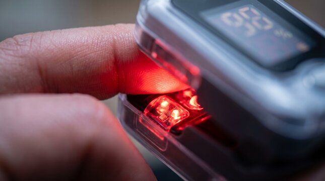 Close up of finger inside pulse oximeter with red light glowing.