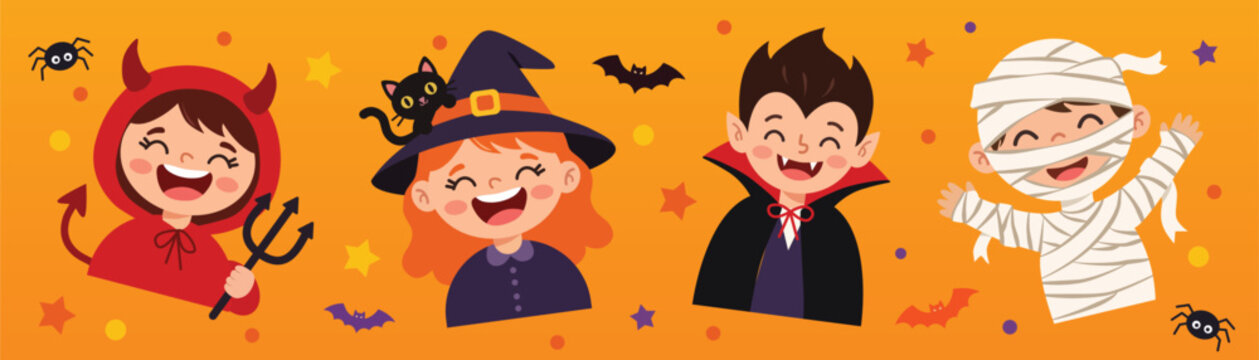 Halloween party cartoon characters illustration children in monster costumes vampire, witch, mummy and devil. Holiday design for party invitation, greeting card, banner